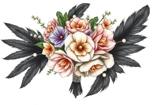 A wedding bouquet of olive green , lavender , rose gold and cream flowers surrounded by black feathers as the wrapping with one single pearl along the spine of each feather tattoo idea