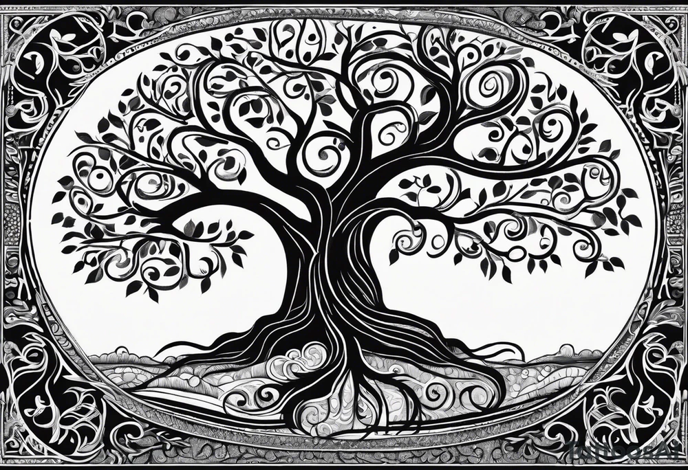 Black and white folk art whimsical tree of life drawing with roots winding all over tattoo idea