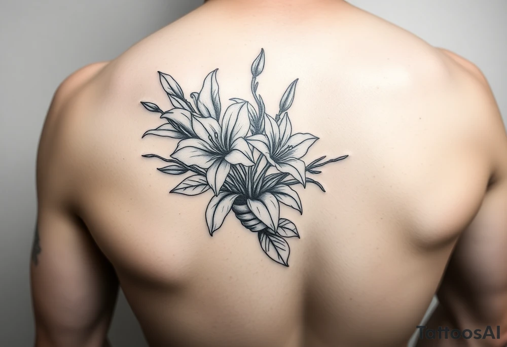 lilies and spider plant in a floral wrap on the arm tattoo idea