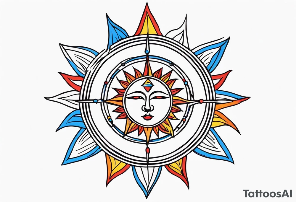 a simple red, blue, orange, and yellow sun tattoo idea