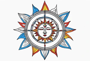 a simple red, blue, orange, and yellow sun tattoo idea