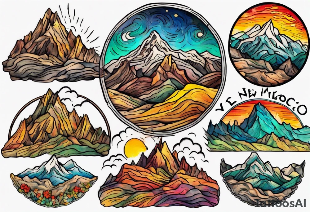 Small tattoo of New Mexico mountains, Van Gogh style, vibrant colors, swirling brushstrokes, detailed peaks, high quality, Van Gogh style, vibrant colors, swirling brushstrokes, detailed, professional, atmospheric lighting tattoo idea