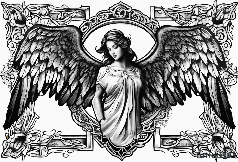 The word Glenn on a banner with angel Wings tattoo idea
