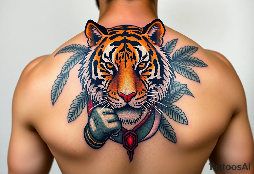 Bengal tiger wearing Muay Thai attire for a kickboxing match as a person would. The surrounding area is jungle tattoo idea