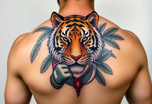 Bengal tiger wearing Muay Thai attire for a kickboxing match as a person would. The surrounding area is jungle tattoo idea