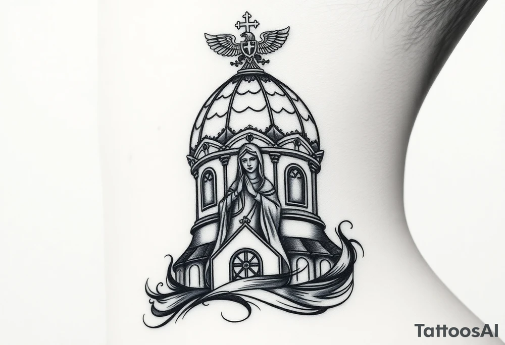 Flowing Scene

A onion dome orthodox church
Virgin Mary in prayer pose wrapping around the lower neck curve
A small double headed russian coat of arms eagle or just the star tucked above the dome near the hairline tattoo idea