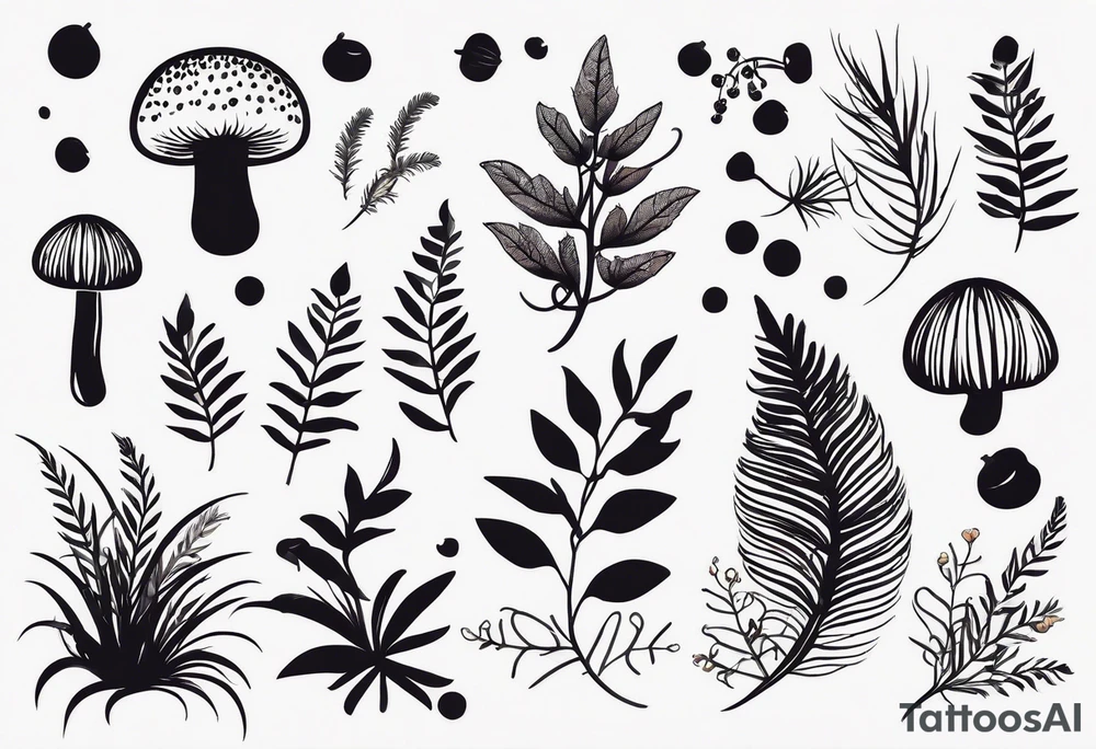 forest floor inspired minimalist tattoo, which includes grass, curly ferns, moss and dead leaves as the bulk of the tattoo. details to include: forest berries, a tiny bumblebee flying nearby, three small brown mushrooms
Generate a vertically long one tattoo idea