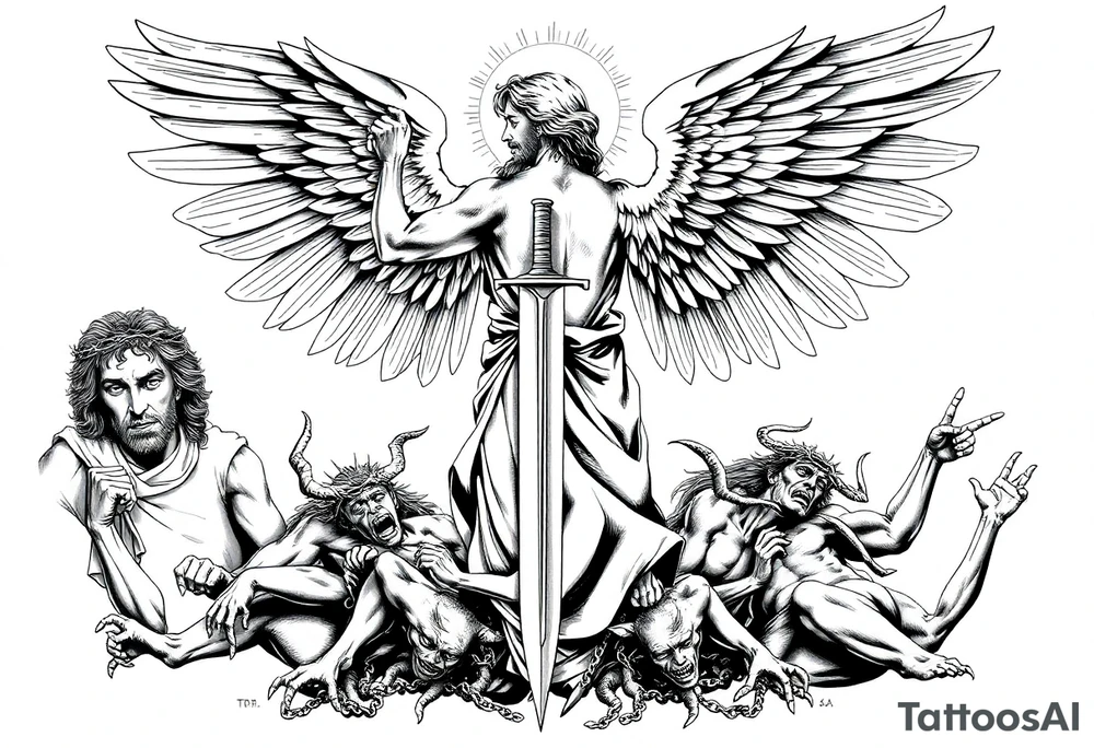 The tattoo is a black and gray, highly detailed, full-back design in a classical artistic style, depicting a powerful Archangel Michael as the central figure. He stands in a dominant stance, wielding a long, intricately designed sword, symbolizing divine justice. His large, majestic wings extend outward, detailed with fine feather textures, creating a sense of movement and grandeur. A radiant halo or divine light emanates from behind his head, reinforcing his celestial presence.

Below Archangel Michael, defeated demons writhe in agony, their faces twisted in expressions of despair as they are cast down. Their muscular, contorted bodies contrast with the angel’s calm, commanding presence. Some demons may have broken chains around them, symbolizing their fall from grace.

To the left of Archangel Michael, Jesus Christ is depicted wearing a crown of thorns, his face solemn and contemplative, representing sacrifice and redemption. His hair flows naturally, and his eyes may be gazing downward with an expression of divine wisdom and sorrow. His placement aligns with Christian iconography, adding to the religious depth of the tattoo.

On the right side, a sorrowful Virgin Mary is depicted with a serene yet deeply emotional expression. She is draped in flowing robes, her hands clasped in prayer or gently outstretched. Her presence balances the composition, representing mercy, compassion, and divine grace.

The background features dramatic, swirling clouds, rays of light, and subtle celestial elements to enhance the spiritual and dramatic atmosphere. The shading technique uses deep contrasts and smooth gradients to create depth, making the figures appear almost sculptural. Every detail, from the folds of the robes to the individual feathers of Michael’s wings, is meticulously rendered for a realistic and timeless aesthetic. tattoo idea