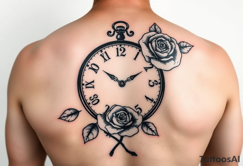Clock showing 12:56 with rose stencil white background 
Not on body tattoo idea