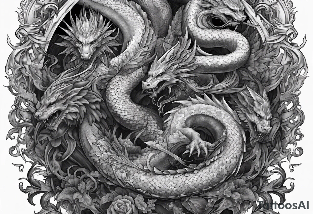 Full back piece depicting the biblically accurate angels above killing a demonic snake dragon below tattoo idea