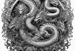 Full back piece depicting the biblically accurate angels above killing a demonic snake dragon below tattoo idea