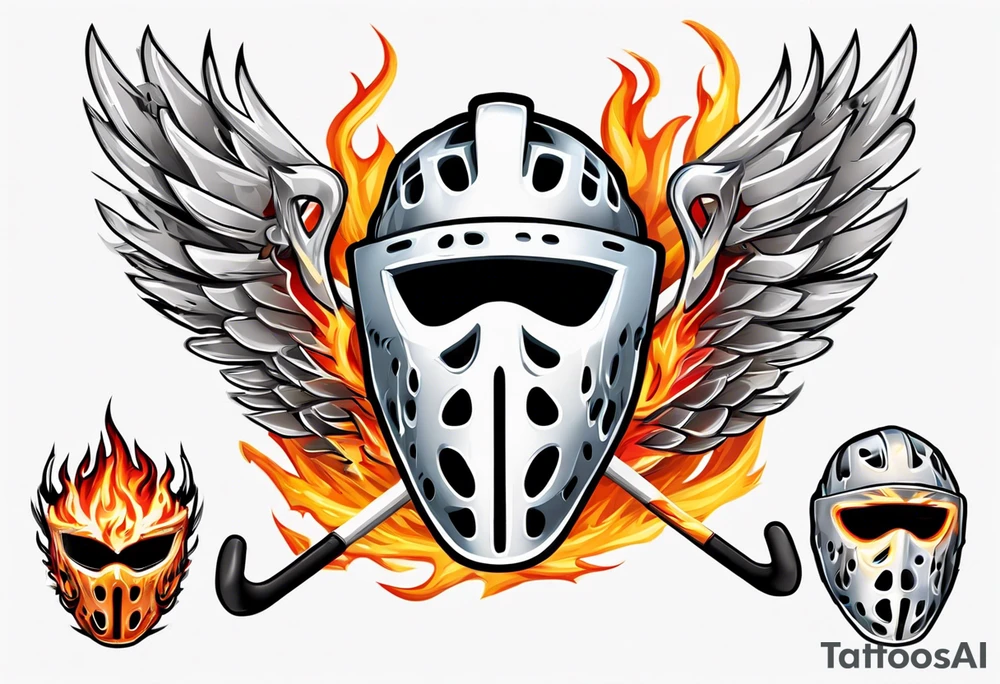 hockey puck with flaming wings and a goalie mask and crossed hockey sticks that says "SHOT HOCKEY" tattoo idea