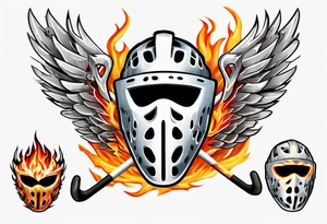 hockey puck with flaming wings and a goalie mask and crossed hockey sticks that says "SHOT HOCKEY" tattoo idea