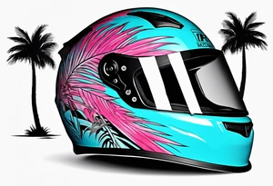 Formula 1 helment with a palm tree and black pink and light blue color tattoo idea