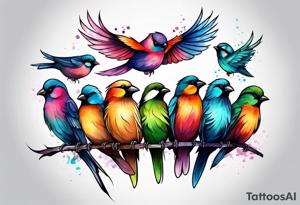Seven small, colorful birds tattoo idea