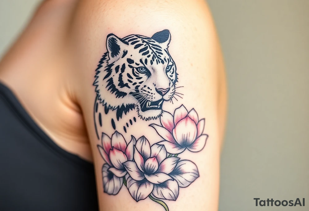 fierce tiger emerging through blooming lotus flowers in mist tattoo idea