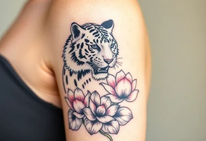fierce tiger emerging through blooming lotus flowers in mist tattoo idea