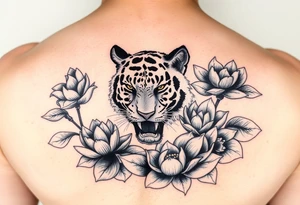 fierce tiger emerging through blooming lotus flowers in mist tattoo idea
