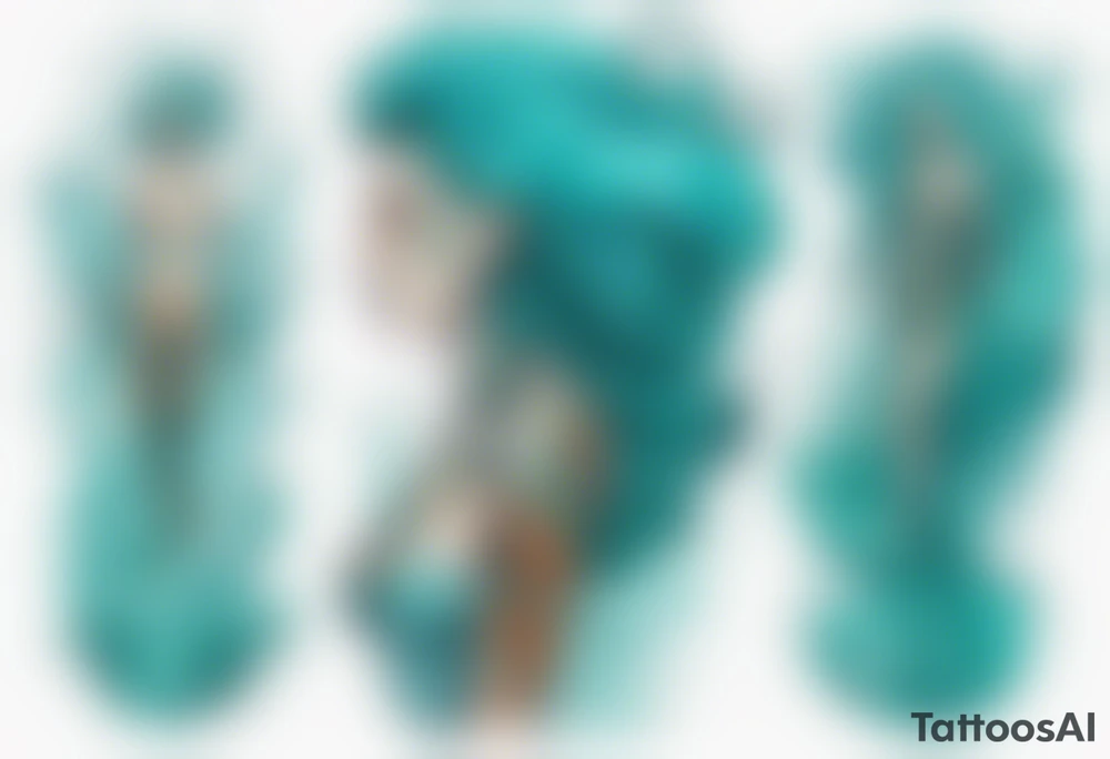 a tall woman made of water with turquoise hair surrounded by the ocean tattoo idea