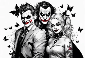 Small Batman and joker with Harley Quinn tattoo with butterflies tattoo idea