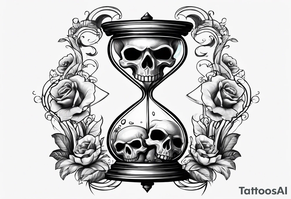 hour glass with skulls in the bottom with a broken bottom glass with the sand spilling out tattoo idea