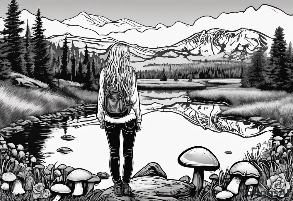 Whole picture encircled fully

Straight long blonde hair hippie girl in distance holding mushrooms in hand facing away toward mountains and creek surrounded by mushrooms long sleeve shirt and hiking pants; whole rendering within a full celtic circle, no cut off circle tattoo idea