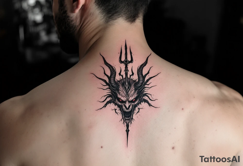 scary demon face with trident tattoo idea