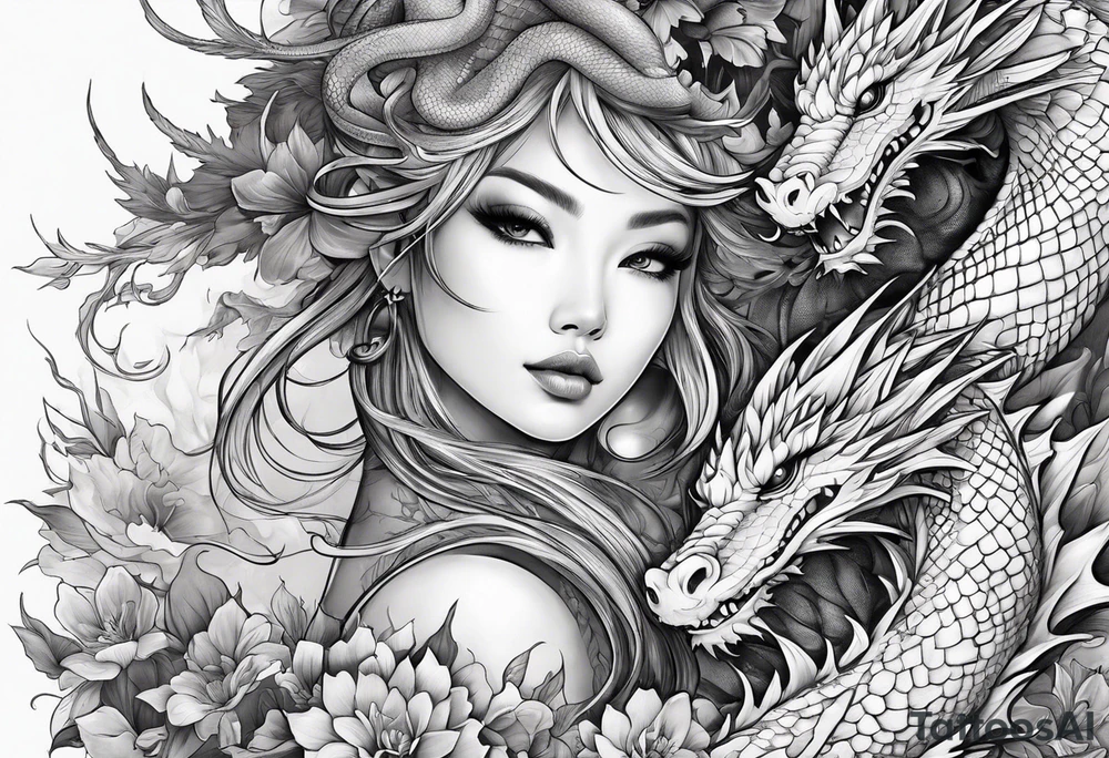 fairy and a dragon in the background tattoo idea