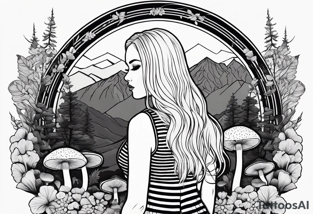 Straight blonde hair girl holding mushrooms in hand facing away toward mountains surrounded by mushrooms circular design black and white striped dress tattoo idea