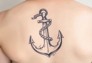 weathered anchor wrapped in nautical rope with sea waves tattoo idea