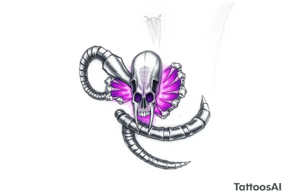 A skeletal Ouroboros with silver bones and glowing purple energy inside, representing death and rebirth. tattoo idea