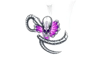 A skeletal Ouroboros with silver bones and glowing purple energy inside, representing death and rebirth. tattoo idea