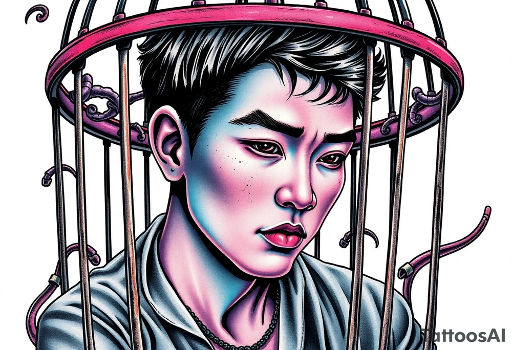 Handsome Asian young guy in evils cage tattoo idea