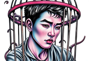 Handsome Asian young guy in evils cage tattoo idea