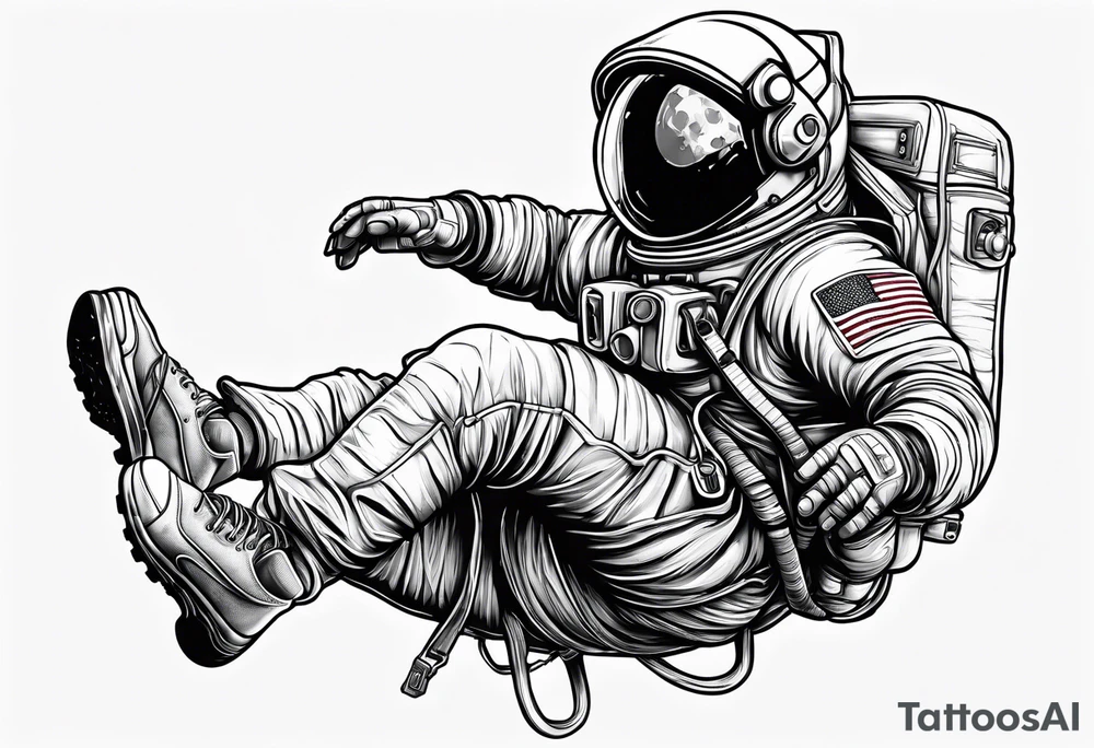 An astronaut floating upside down with jordan shoes on his feet tattoo idea