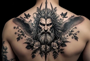 powerful man with a trident, surrounded by floral ornaments and birds tattoo idea