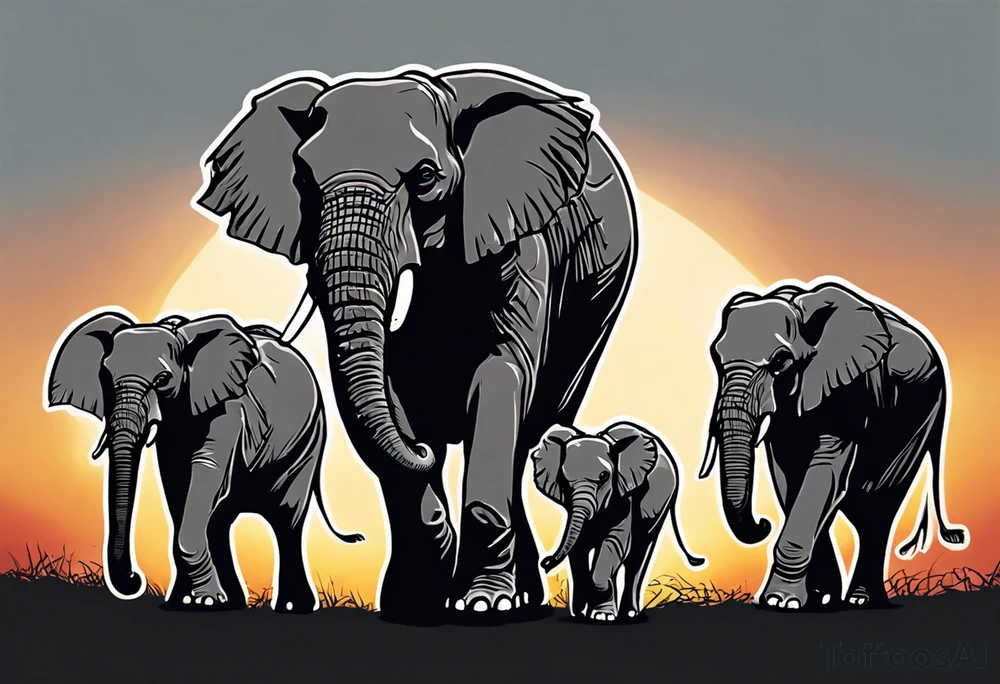 family of 6 elephants walking into sunset after one of them has died tattoo idea