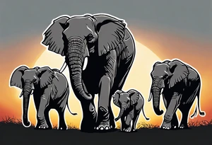 family of 6 elephants walking into sunset after one of them has died tattoo idea
