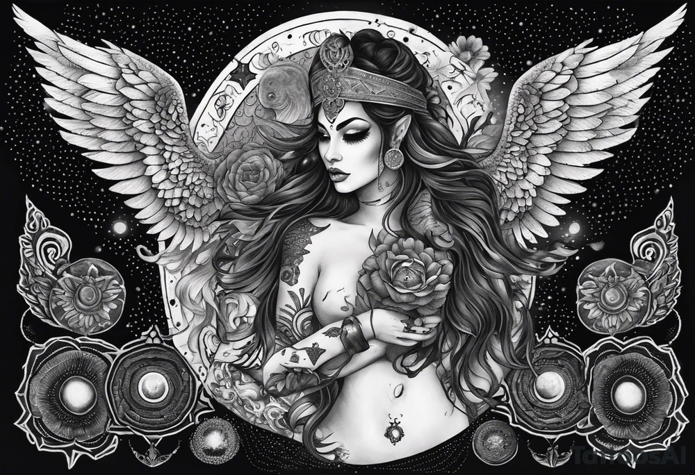 black kali, goddess pirate, alien, angel, pachamama, valkrye, warrior, flying, skull, lotus azul, wing, eagle, zenza resonance, stars, 5D, anahata chakra, death, durga, riding on a tiger, flying lady, kundalini, chest tatoo, samuri, rebel, serpent tattoo idea