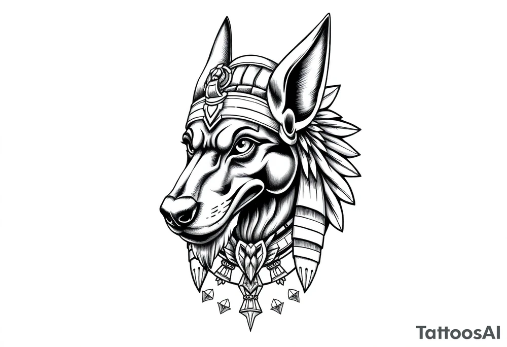 Egyptian Anubis god face muscle in Egypt style  with mantle on head

dog face surrounded Egyptian symbols based on elements tattoo idea