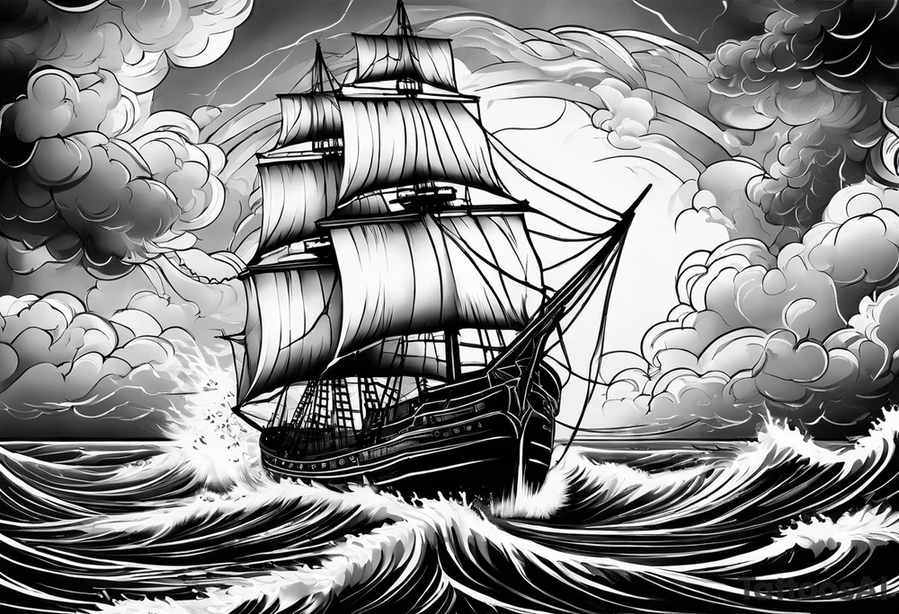 storm clouds with lightning surrounding a ship tattoo idea