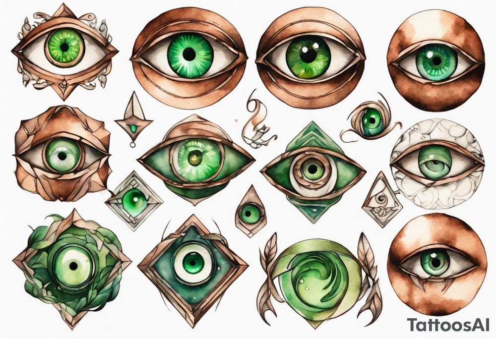 a copper and green eye-symbol tattoo idea