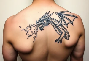 fierce dragon breathing iridescent fire against stormy skies tattoo idea