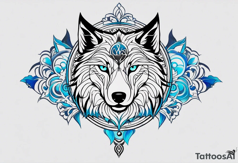 a tattoo whose main theme is balance but also resembles new begining, strong willpower, peace and loyalty. This should be for the front part of the shoulder. maybe add the ying-yang symbol somewhere in the tattoo. Tattoo should have an equal amount of blue and red along with the overall tattoo being black. In corporate a wolf into the tattoo, make sure it resembles ing and yang tattoo idea