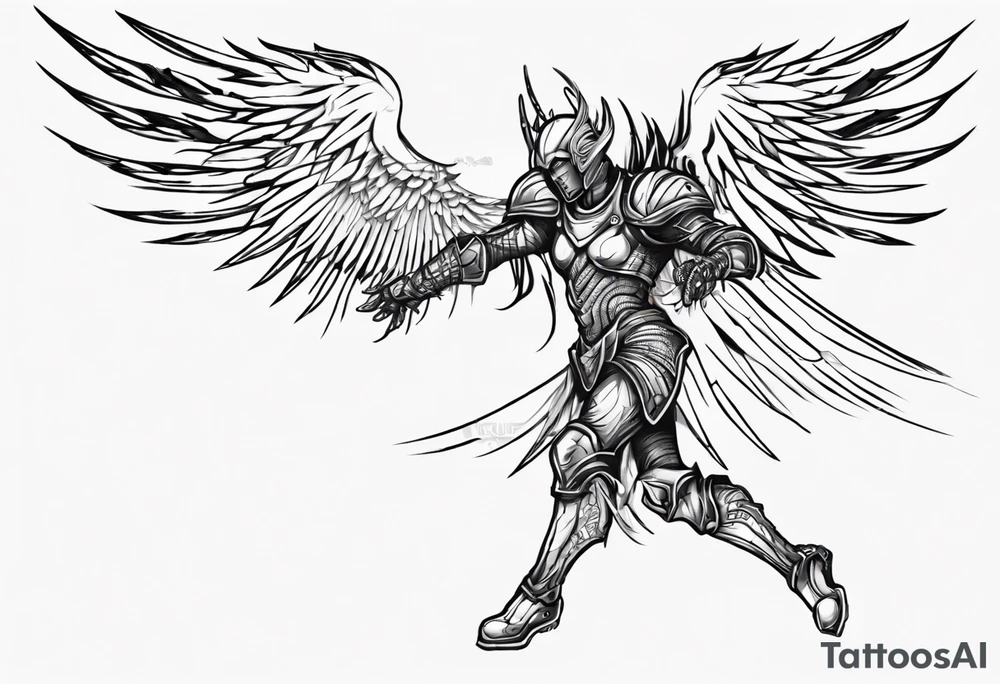 Side view of an evil angel wearing inorganic armor that is in mid-air ready to attack tattoo idea