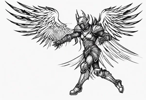 Side view of an evil angel wearing inorganic armor that is in mid-air ready to attack tattoo idea