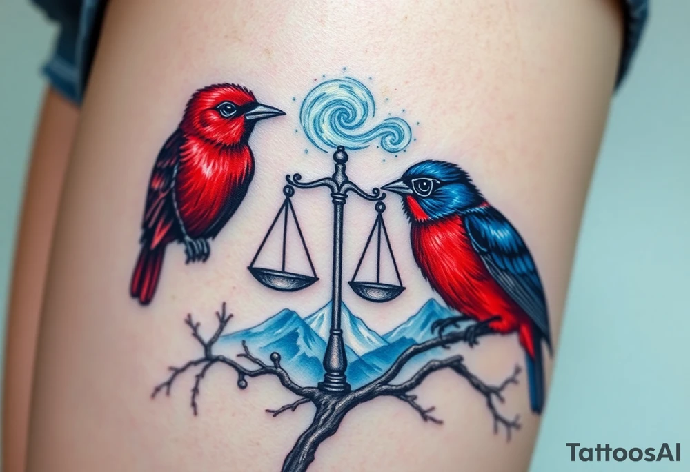 2 birds as the focus, 1 red bird in a suit, 1 navy blue bird with glasses, scales of justice in a tree, starry night painting and mountain background tattoo idea