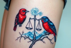 2 birds as the focus, 1 red bird in a suit, 1 navy blue bird with glasses, scales of justice in a tree, starry night painting and mountain background tattoo idea