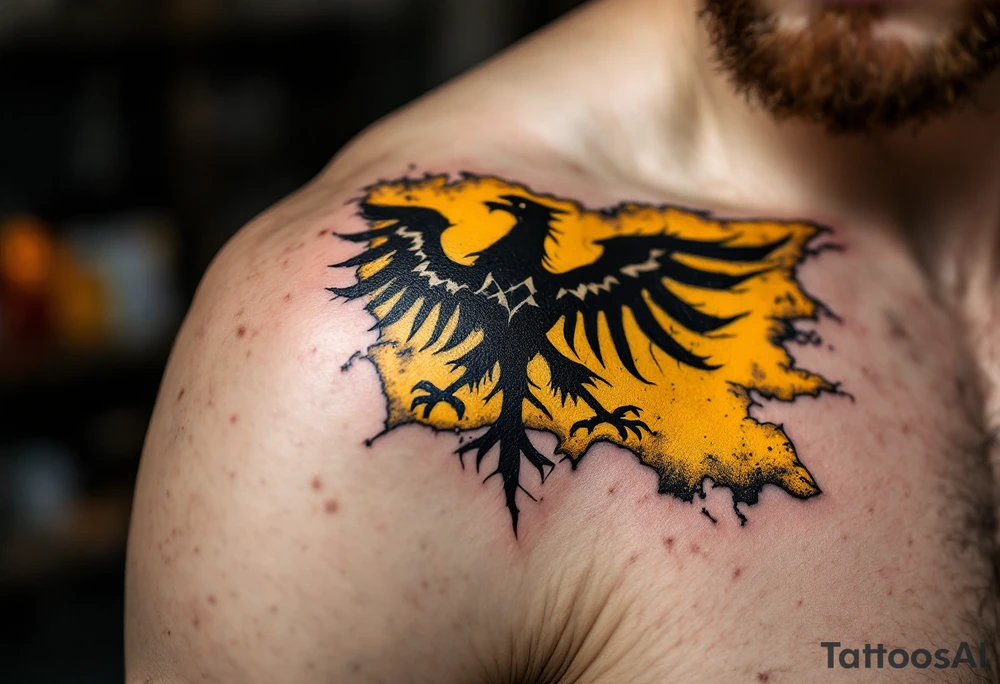 A hand-painted, medieval-style banner with a black Silesian eagle on a golden background, looking like a knight's flag waving in the wind. The edges are torn and aged, giving it a battle-worn effect. tattoo idea