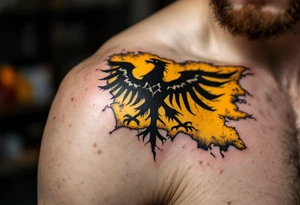 A hand-painted, medieval-style banner with a black Silesian eagle on a golden background, looking like a knight's flag waving in the wind. The edges are torn and aged, giving it a battle-worn effect. tattoo idea